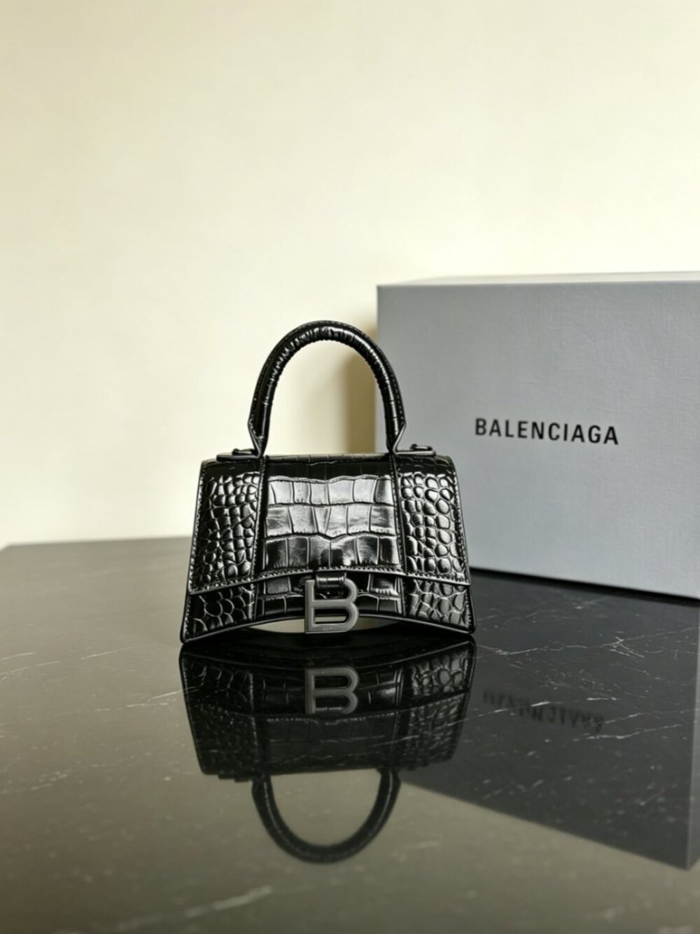 Balenciaga Hourglass XS Black Crocodile Embossed Handbag - Picture 6 of 7